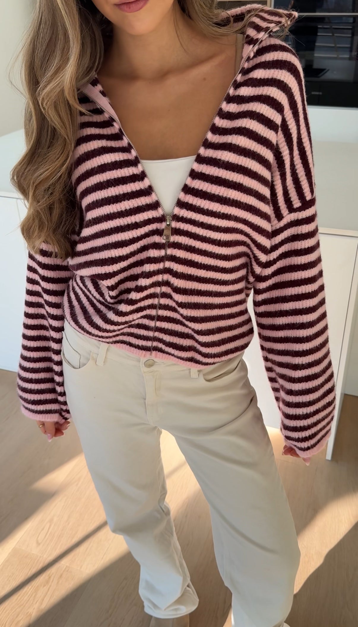 STRIPED ZIP KNIT CARDIGAN BURGUNDY