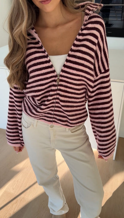 STRIPED ZIP KNIT CARDIGAN BURGUNDY