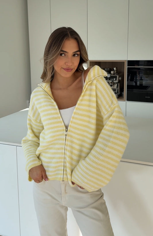 STRIPED ZIP KNIT CARDIGAN LEMON