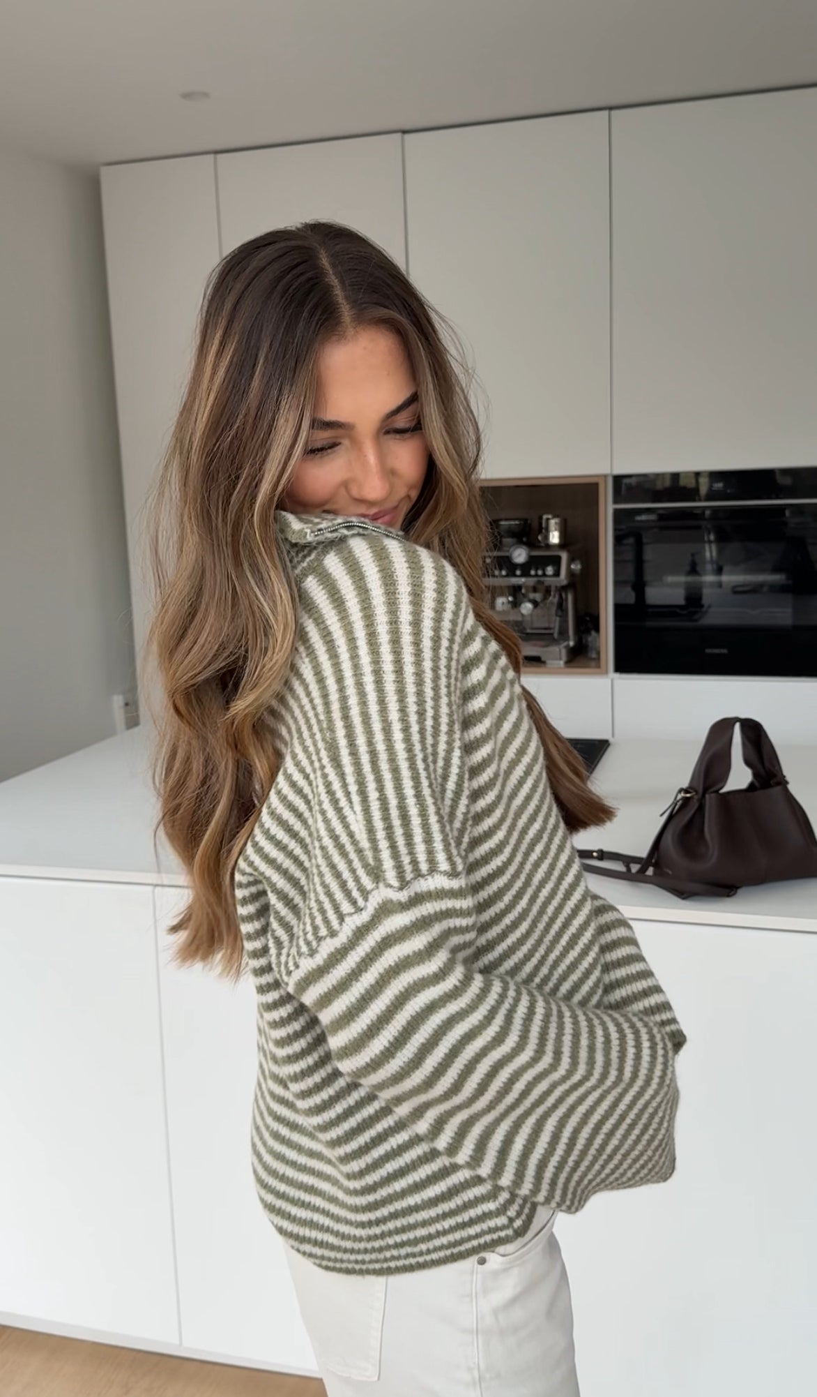 STRIPED ZIP KNIT CARDIGAN MATCHA