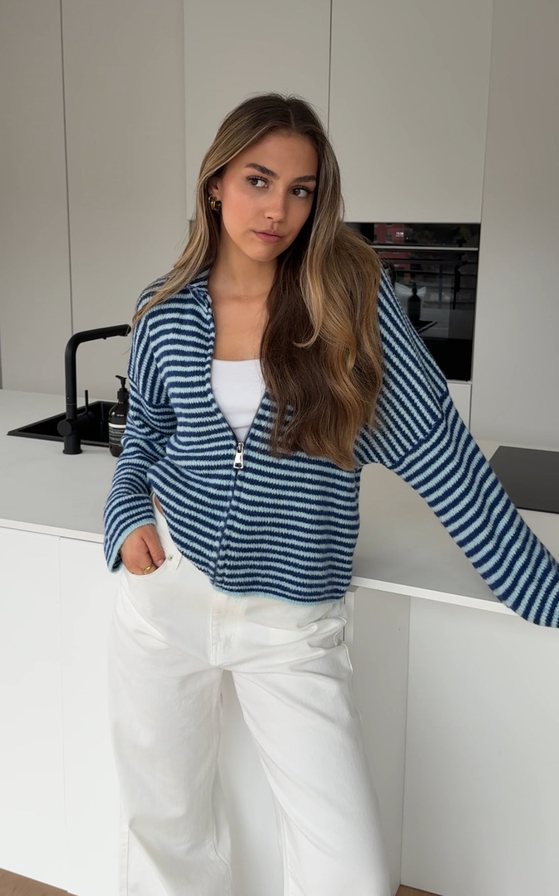 STRIPED ZIP KNIT CARDIGAN BLUEBERRY