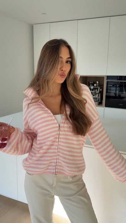 STRIPED ZIP KNIT CARDIGAN COTTON