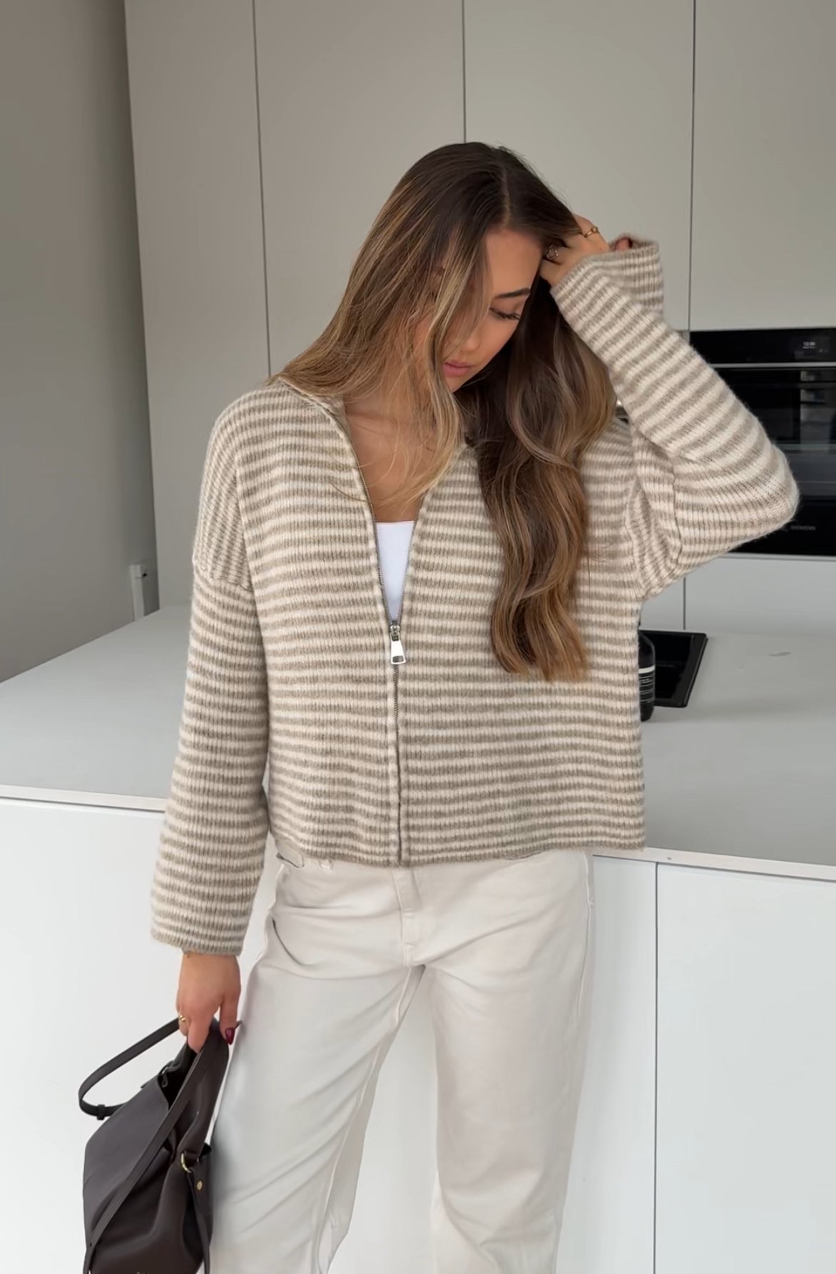 STRIPED ZIP KNIT CARDIGAN CREAM