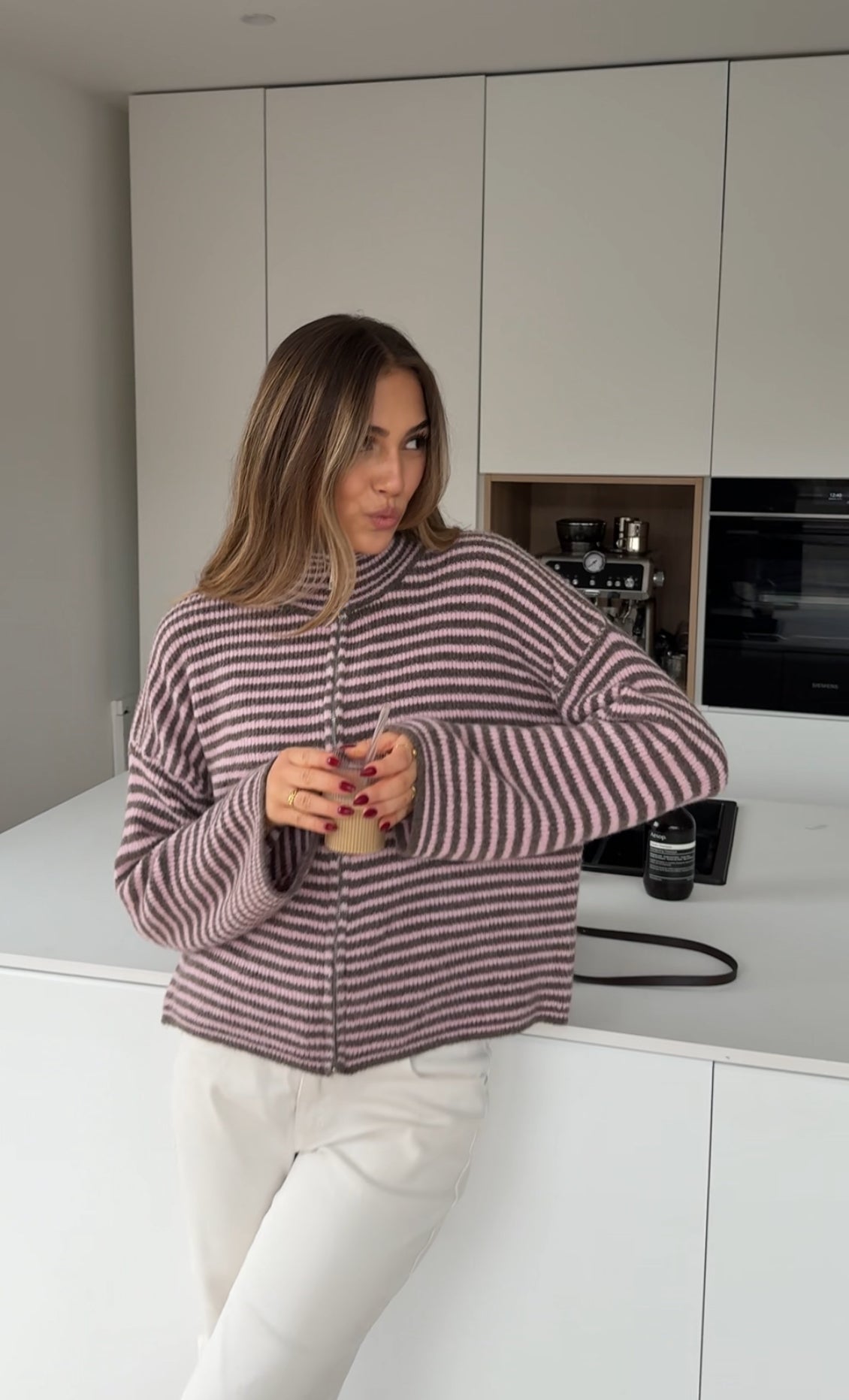 STRIPED ZIP KNIT CARDIGAN BERRY