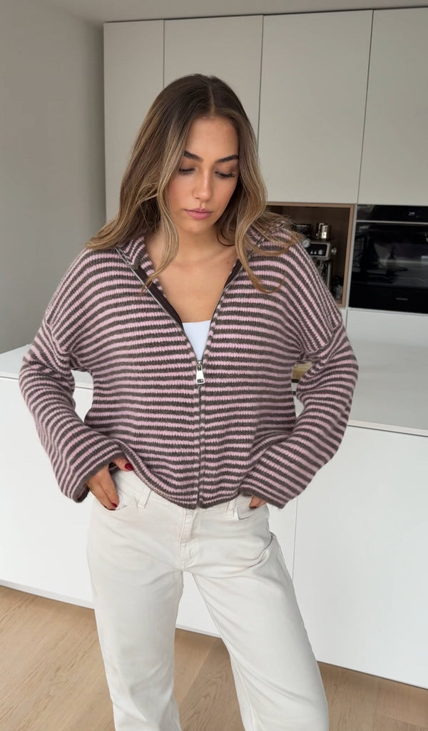 Striped Zip Knit Cardigan Berry