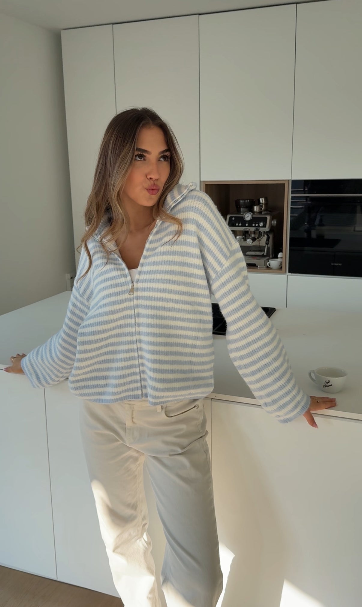 STRIPED ZIP KNIT CARDIGAN SOFT BLUE