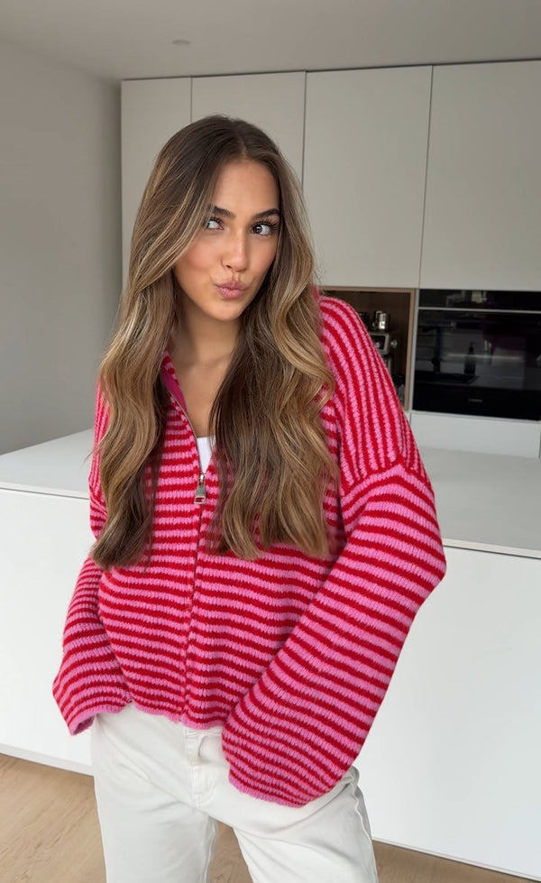 Striped Zip Knit Cardigan Cherry