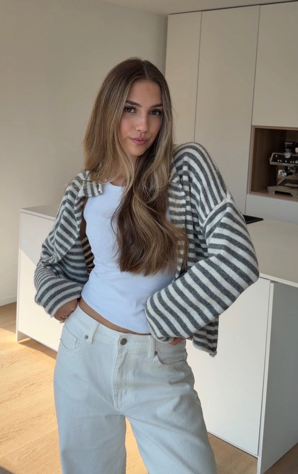 Button Striped Cardigan Light Grey