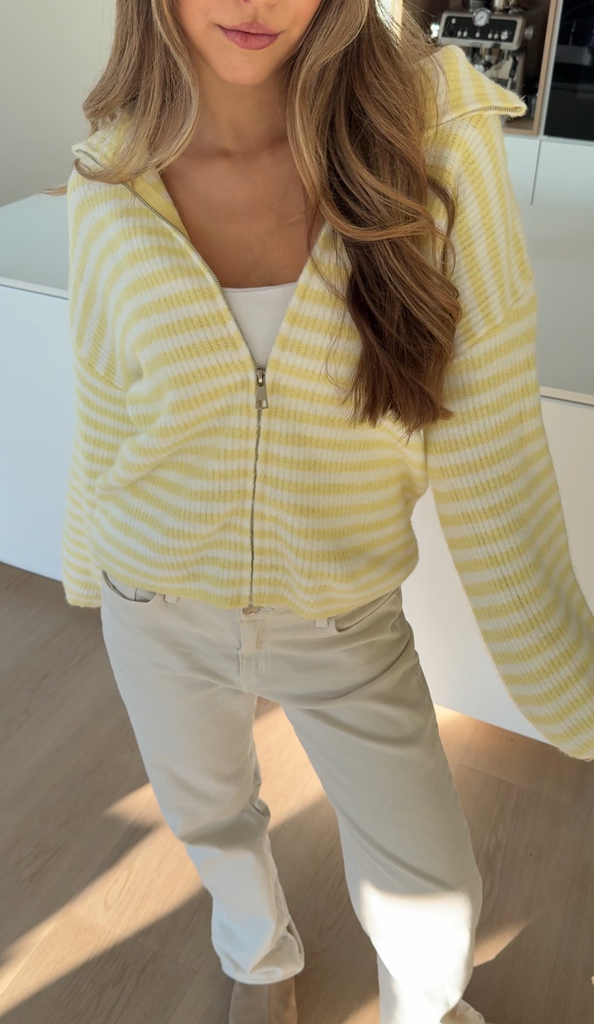 STRIPED ZIP KNIT CARDIGAN LEMON