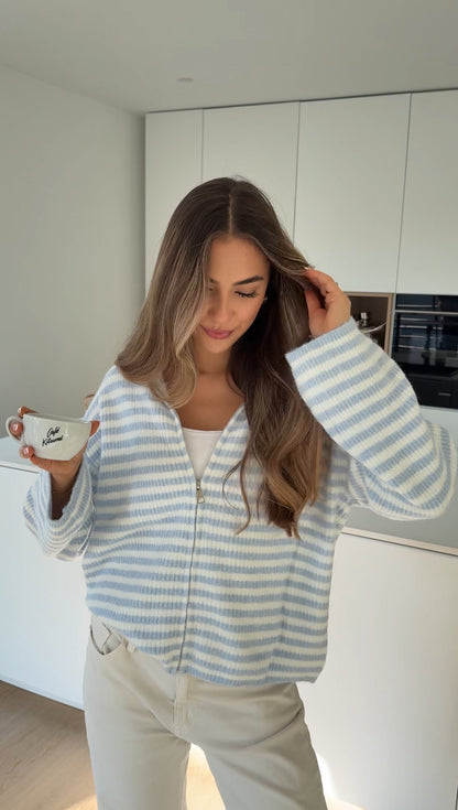 STRIPED ZIP KNIT CARDIGAN SOFT BLUE
