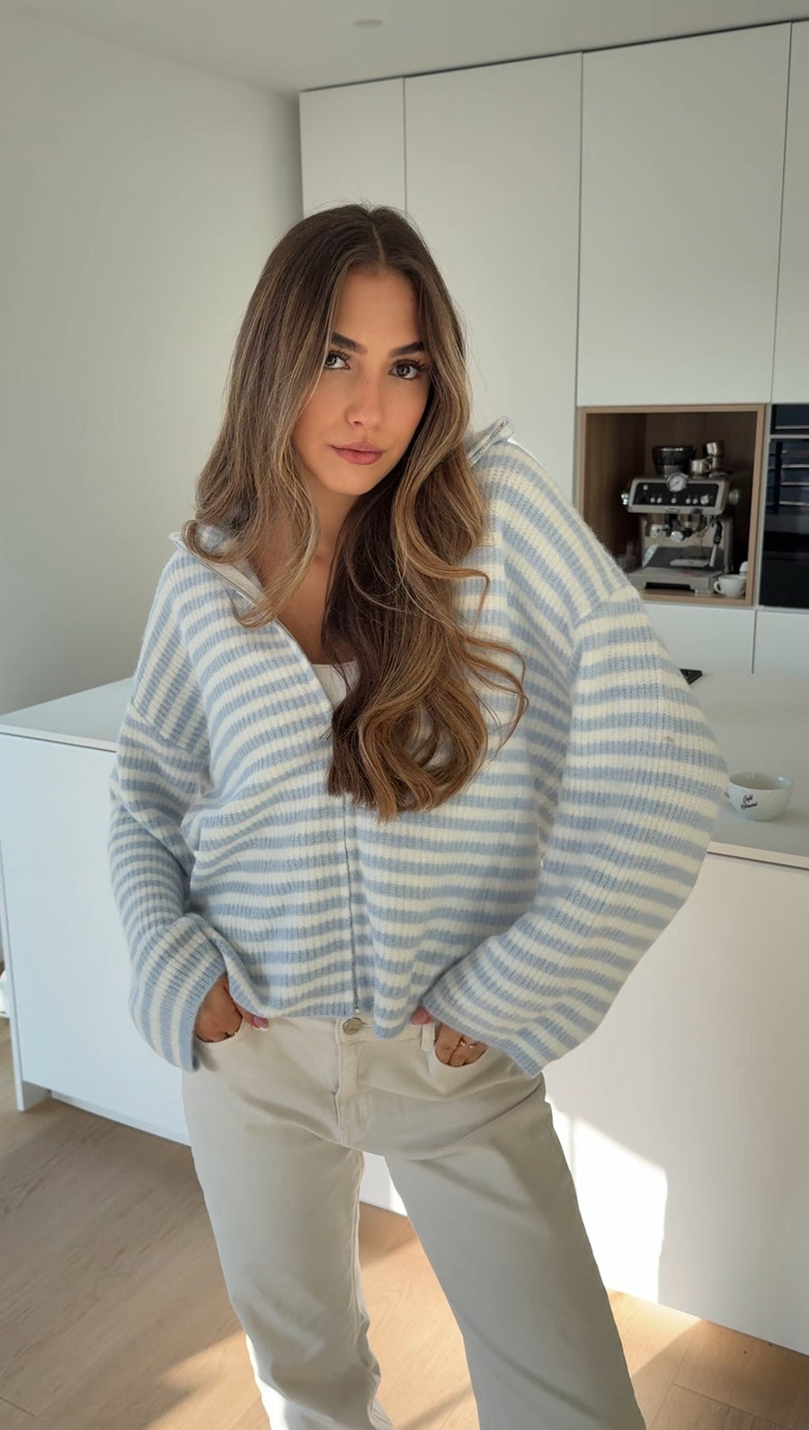 Striped Zip Knit Cardigan Soft Blue