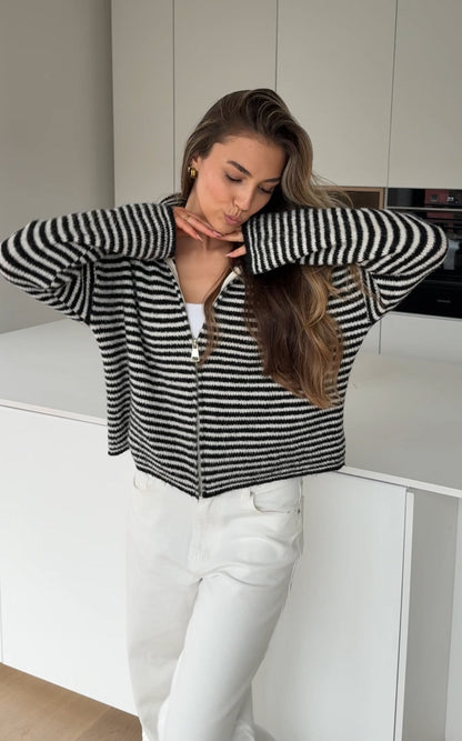 STRIPED ZIP KNIT CARDIGAN BLACK