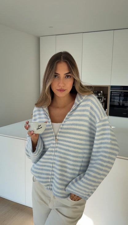 STRIPED ZIP KNIT CARDIGAN SOFT BLUE