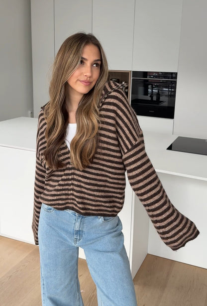 STRIPED ZIP KNIT CARDIGAN TOFFEE