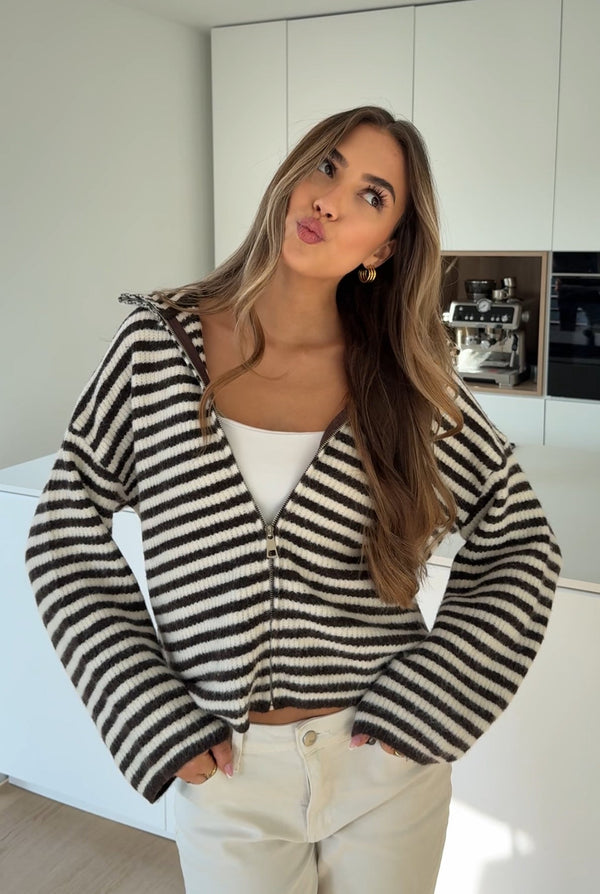 Striped Zip Knit Cardigan Chocolate