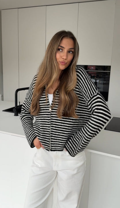 STRIPED ZIP KNIT CARDIGAN BLACK