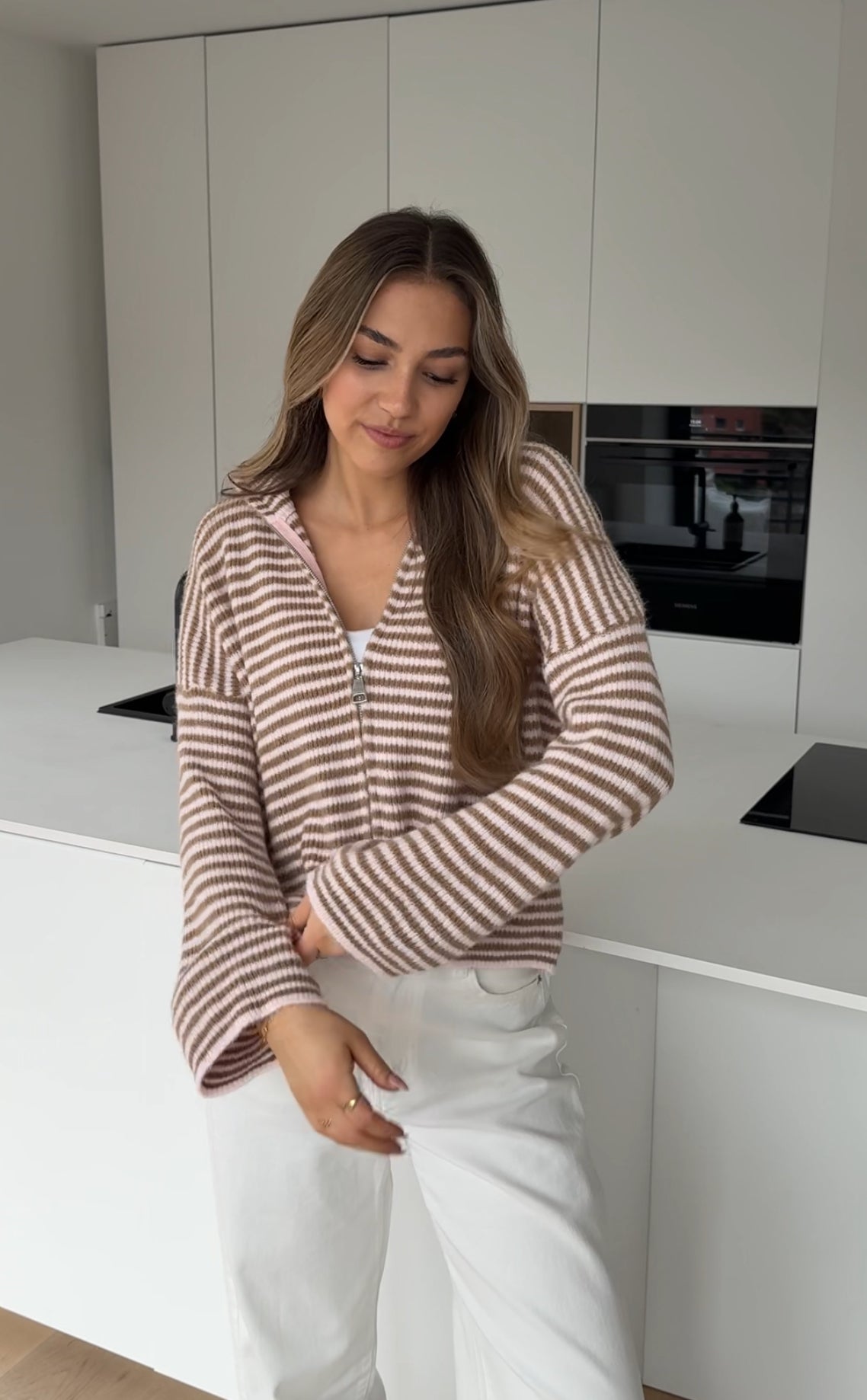 STRIPED ZIP KNIT CARDIGAN CREAMY ROSE