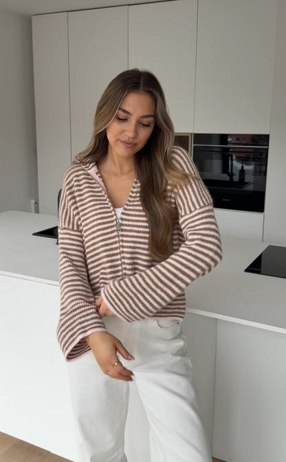 STRIPED ZIP KNIT CARDIGAN CREAMY ROSE
