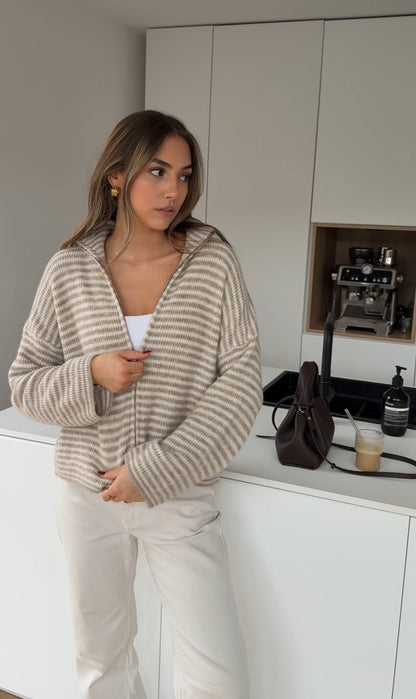 STRIPED ZIP KNIT CARDIGAN CREAM