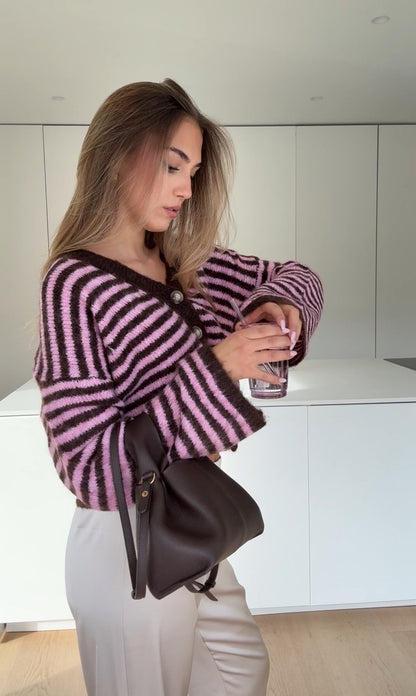 STRIPED V-NECK CARDIGAN WINTER BERRY