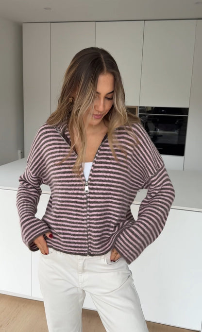 STRIPED ZIP KNIT CARDIGAN BERRY