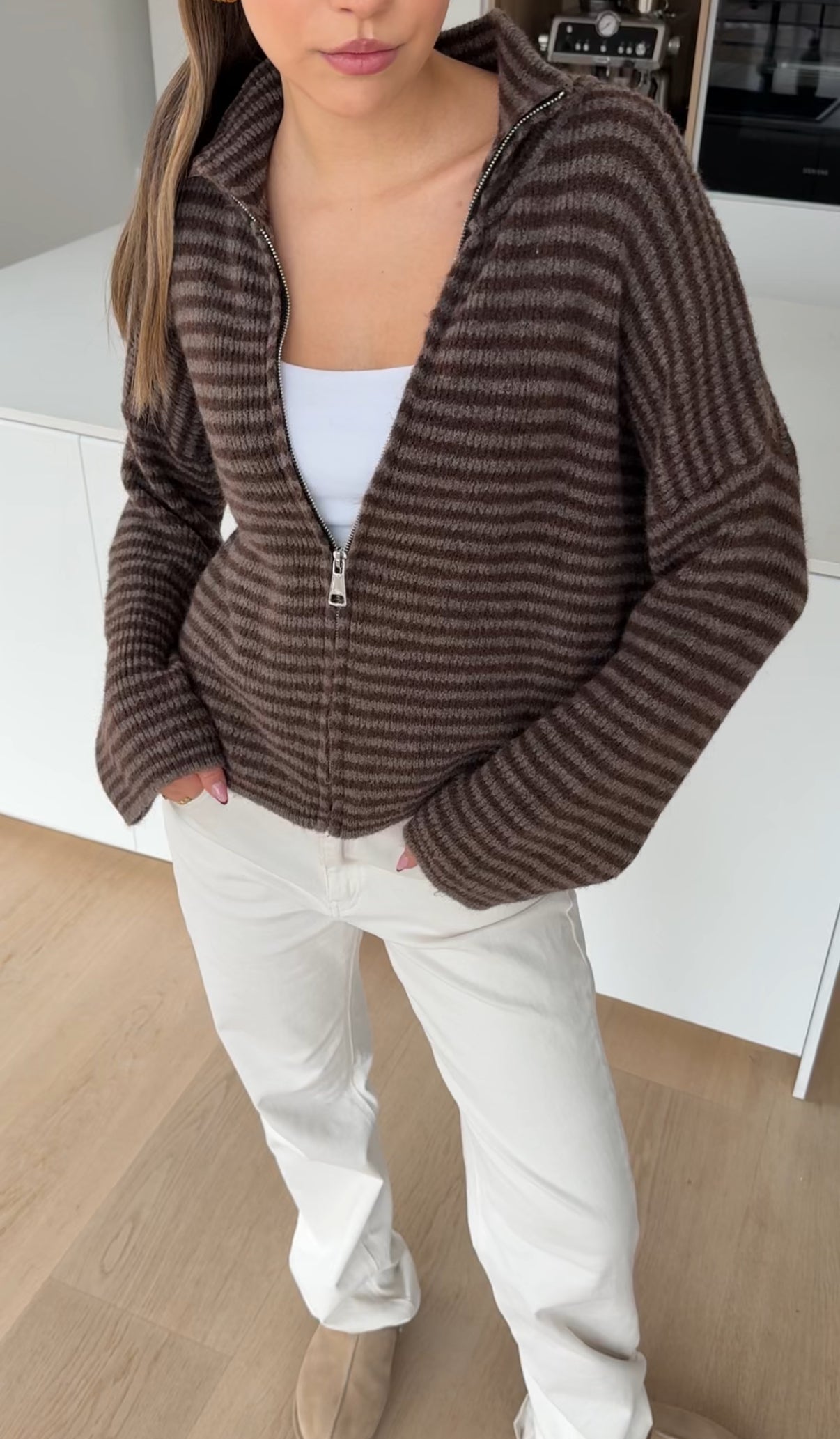 STRIPED ZIP KNIT CARDIGAN TAUPE