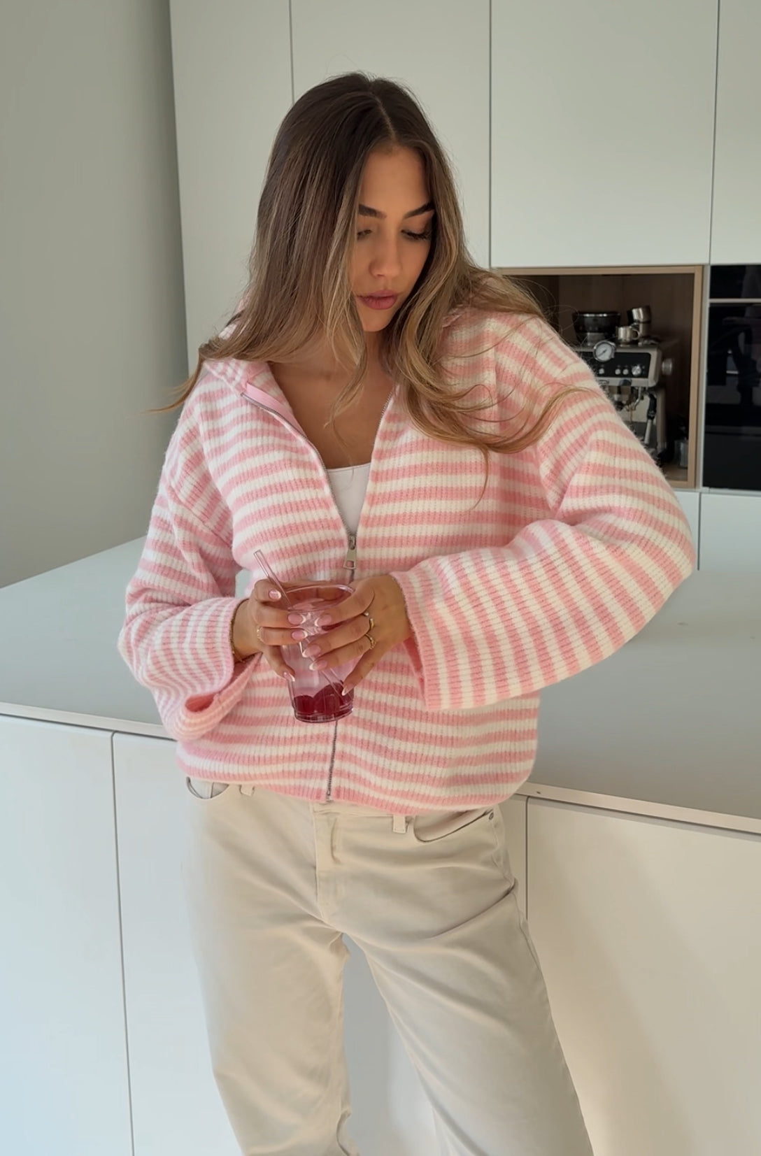 STRIPED ZIP KNIT CARDIGAN COTTON