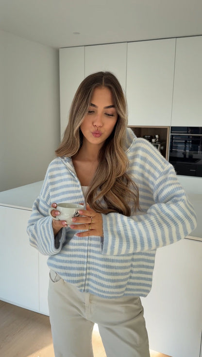 STRIPED ZIP KNIT CARDIGAN SOFT BLUE