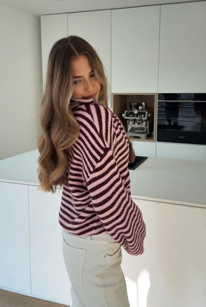 STRIPED ZIP KNIT CARDIGAN BURGUNDY