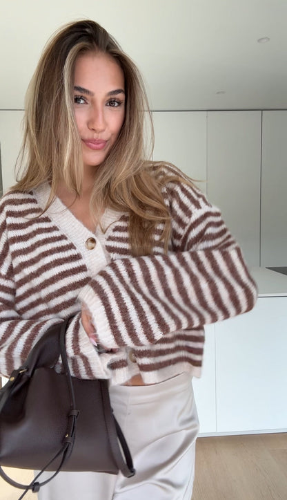 STRIPED V-NECK CARDIGAN CINNAMON