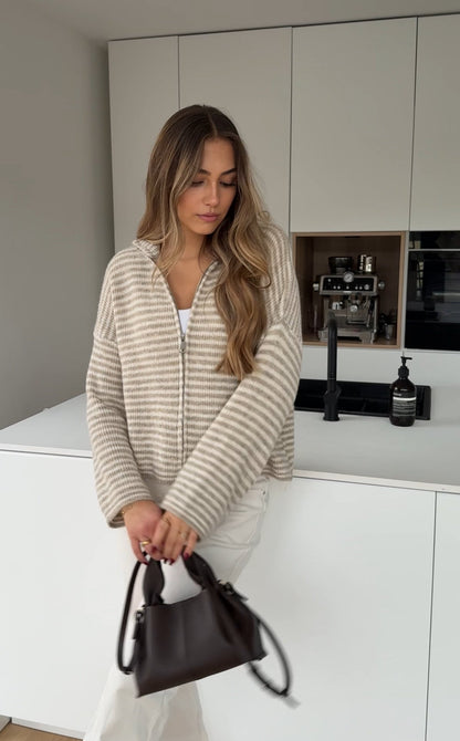 STRIPED ZIP KNIT CARDIGAN CREAM