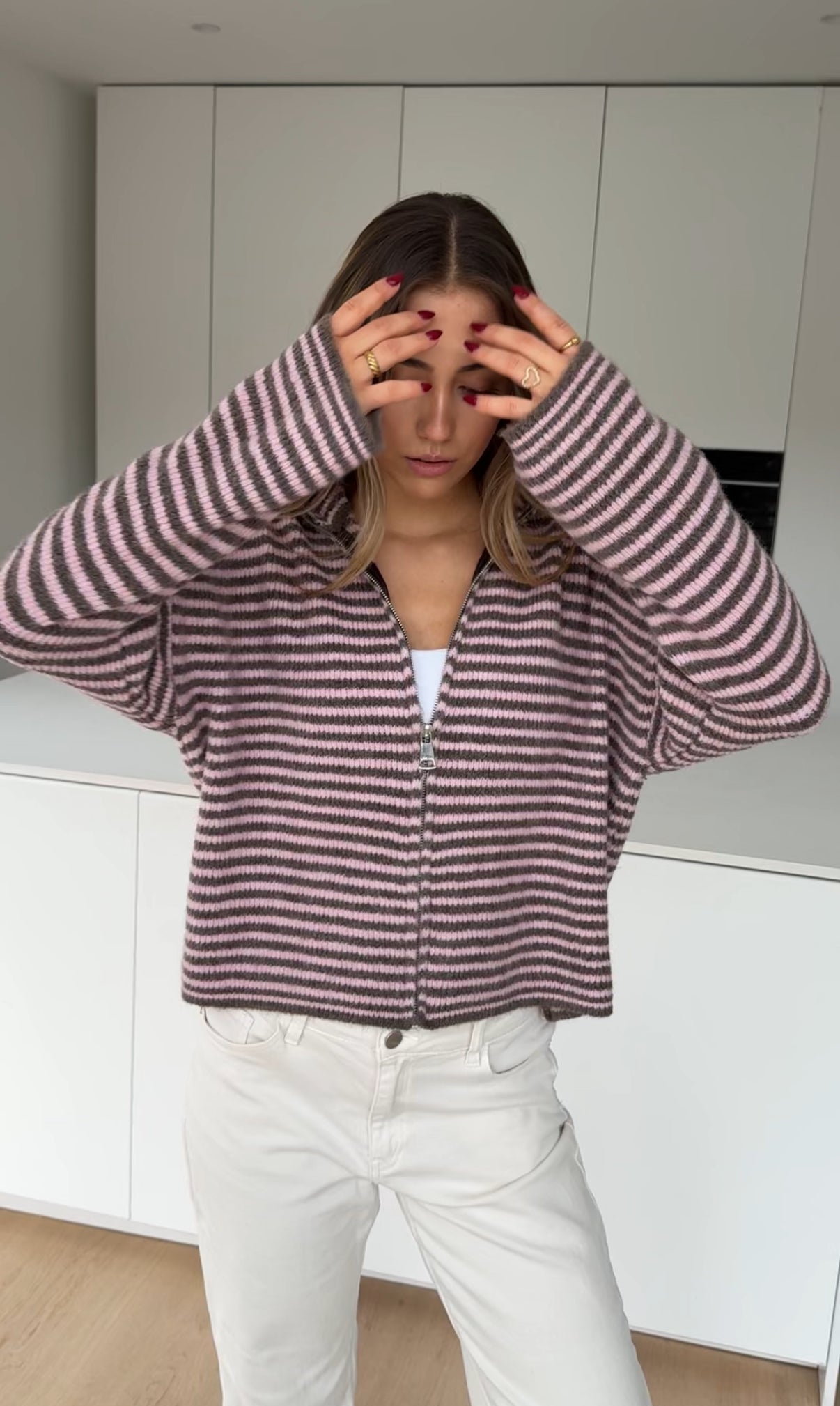 STRIPED ZIP KNIT CARDIGAN BERRY