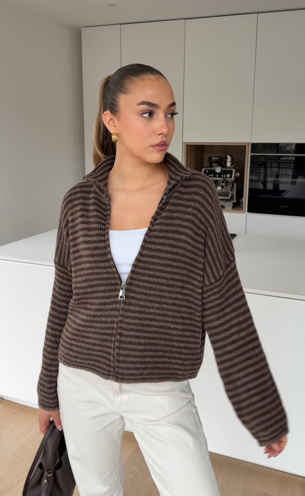 STRIPED ZIP KNIT CARDIGAN TAUPE