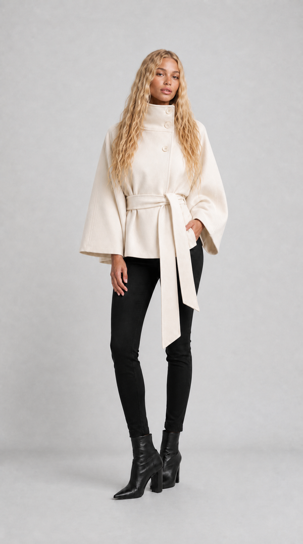 Cape-Mantel mit Gürtel - Creme