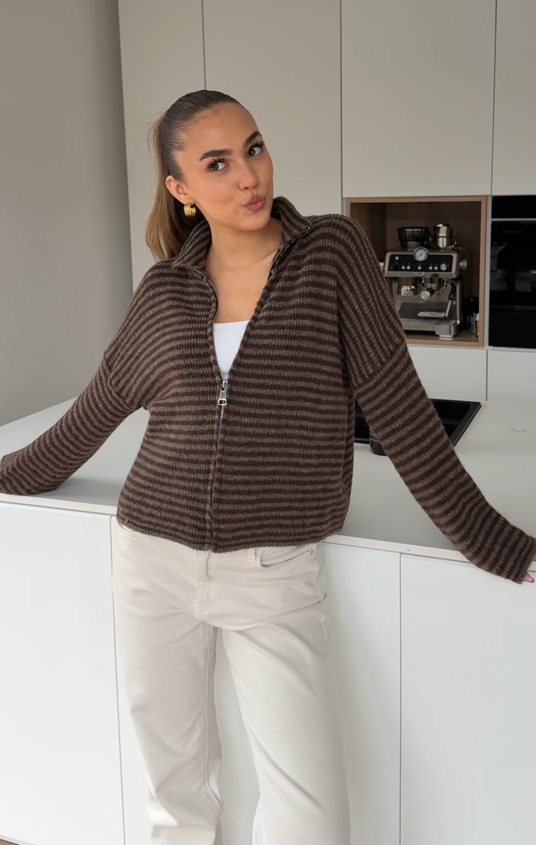 STRIPED ZIP KNIT CARDIGAN TAUPE
