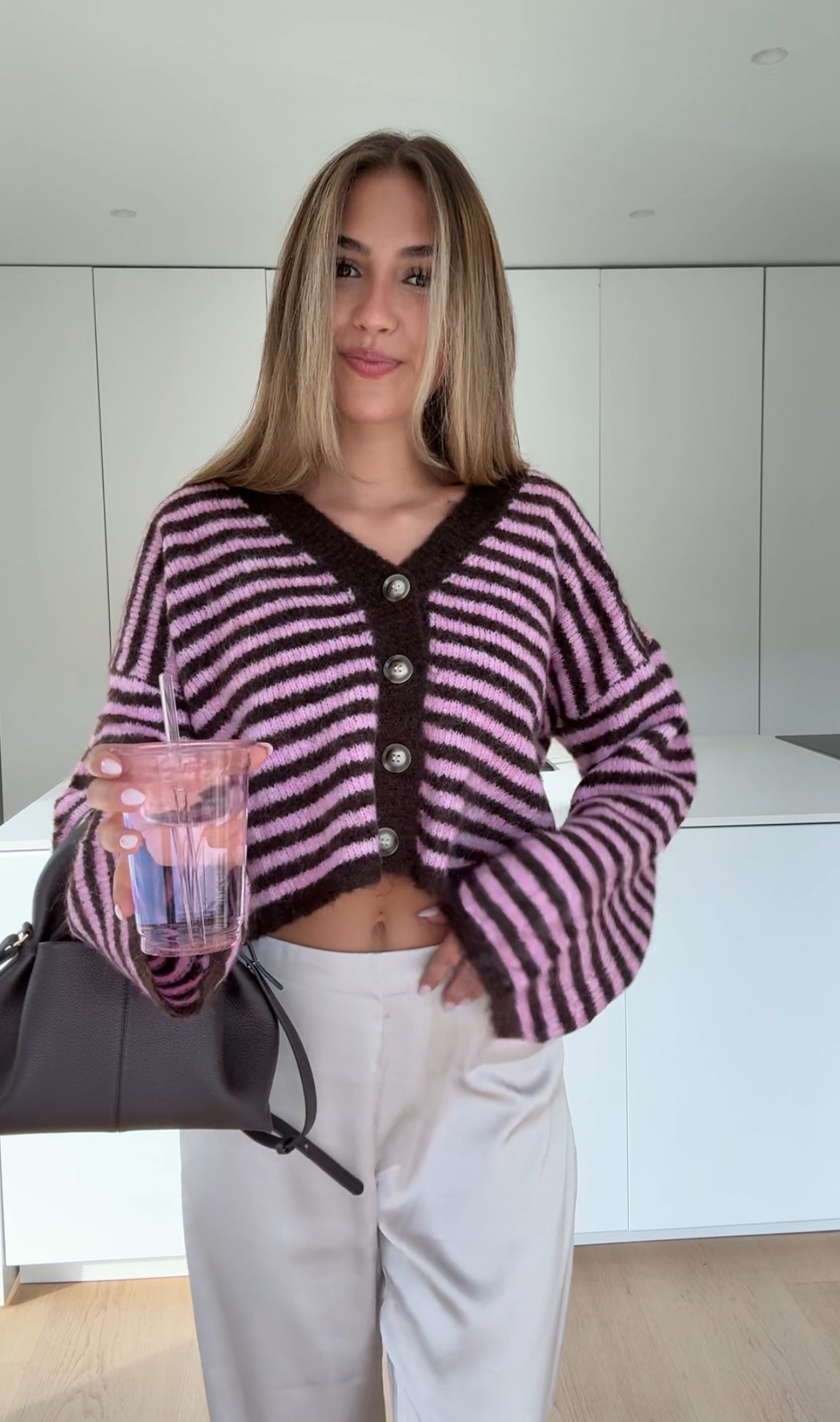 STRIPED V-NECK CARDIGAN WINTER BERRY