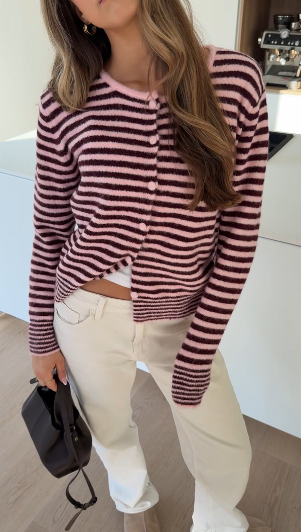 Highneck Stripe Cardigan Winterberry