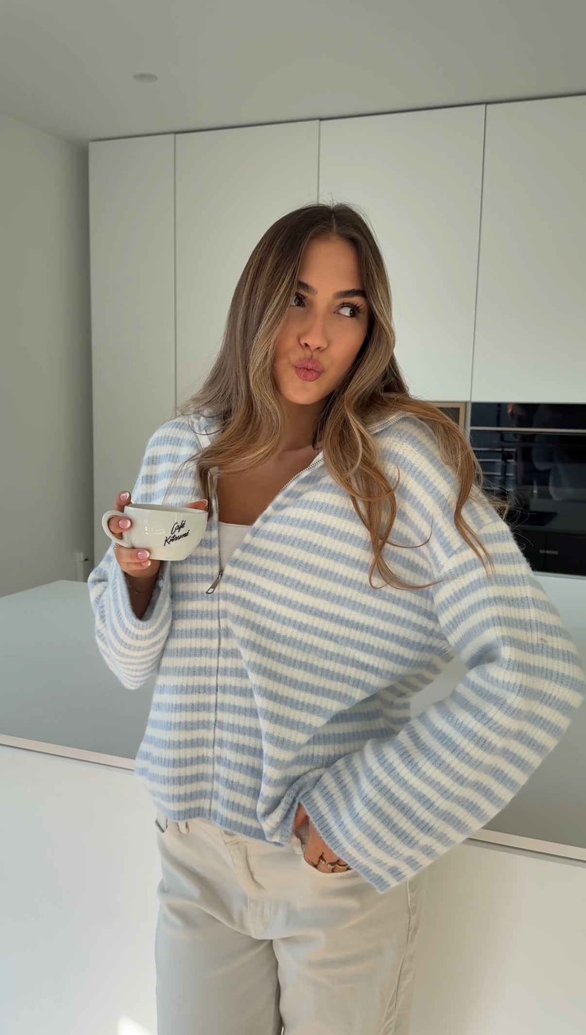 STRIPED ZIP KNIT CARDIGAN SOFT BLUE