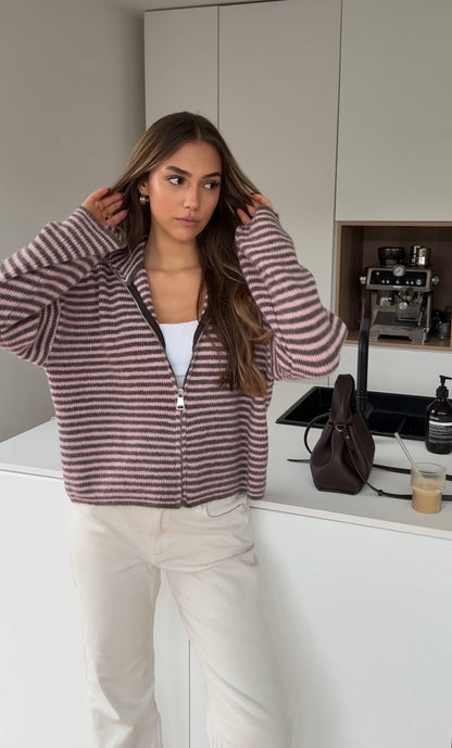 STRIPED ZIP KNIT CARDIGAN BERRY