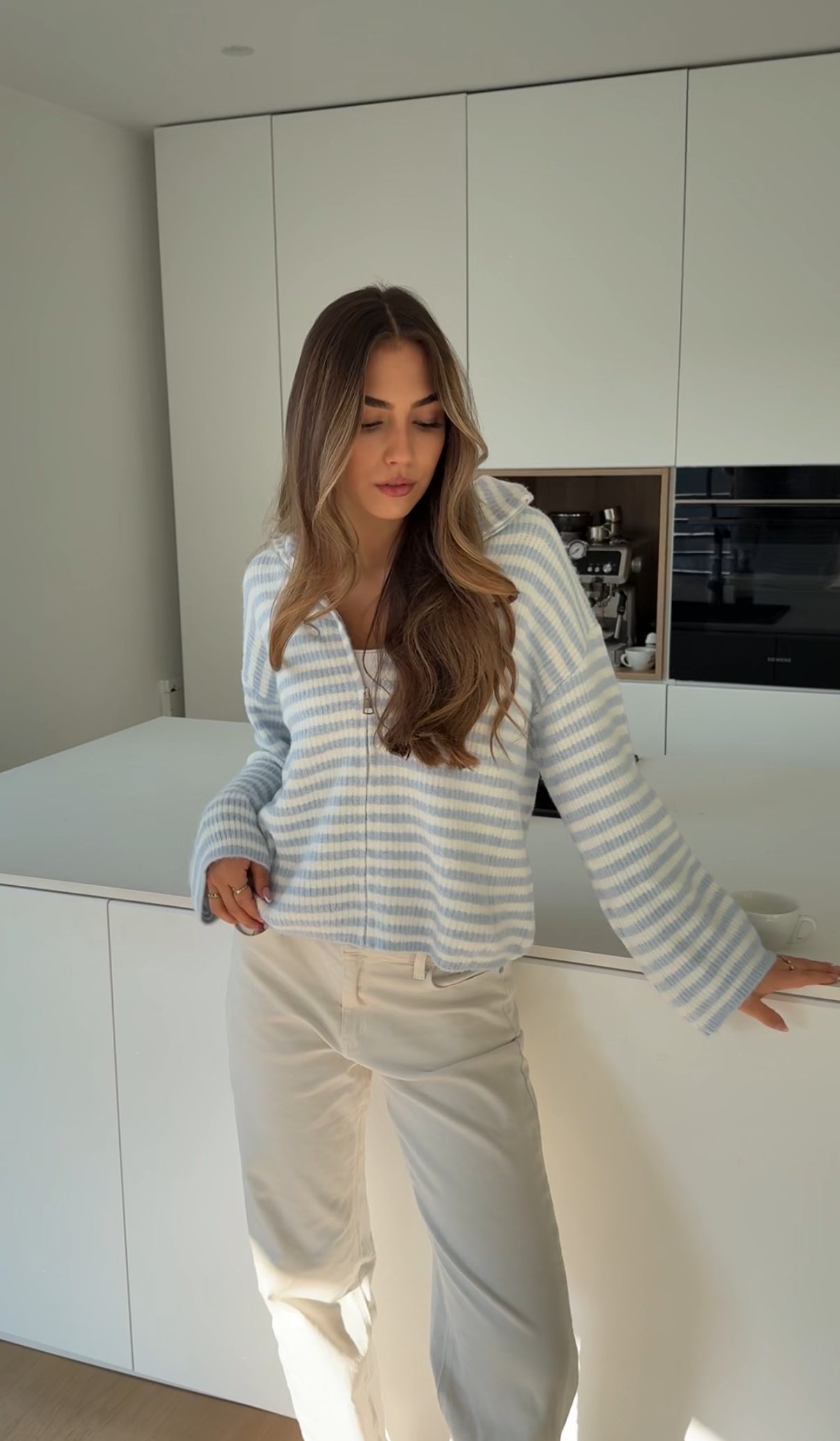 STRIPED ZIP KNIT CARDIGAN SOFT BLUE