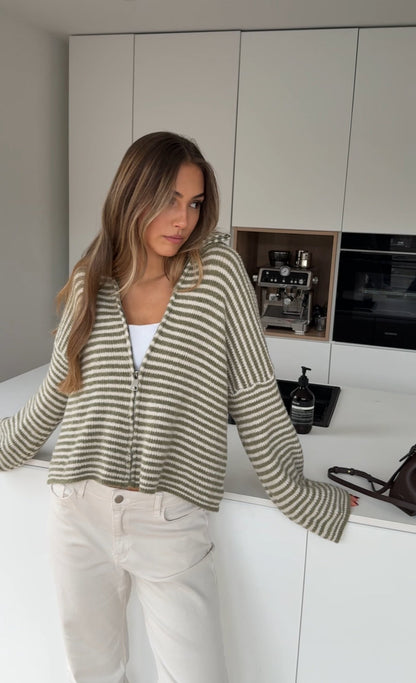 STRIPED ZIP KNIT CARDIGAN MATCHA