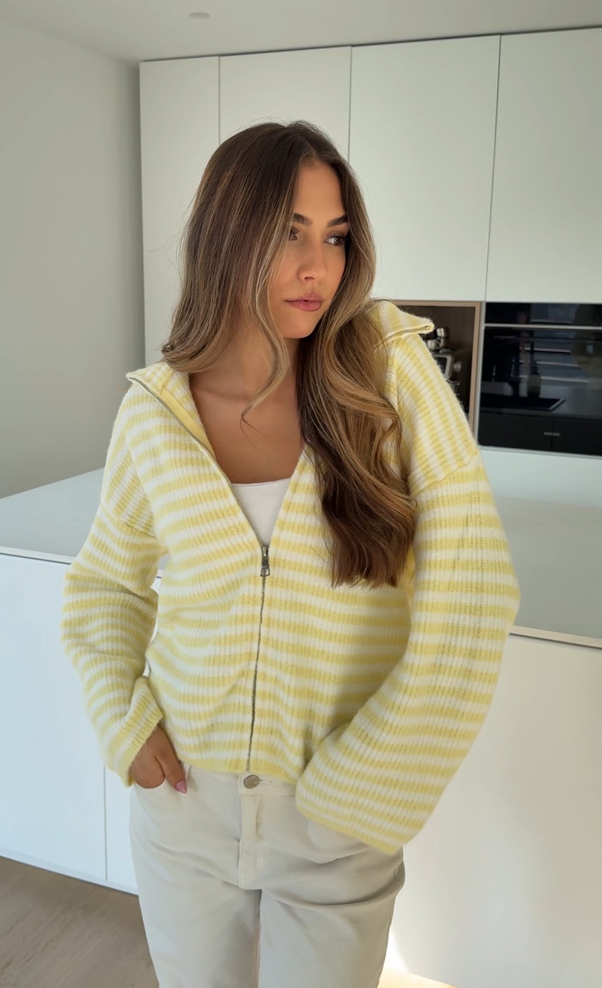 STRIPED ZIP KNIT CARDIGAN LEMON