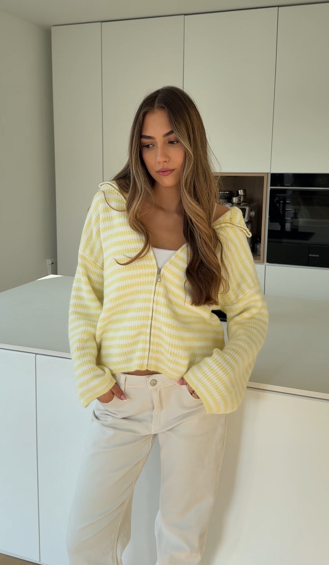 STRIPED ZIP KNIT CARDIGAN LEMON