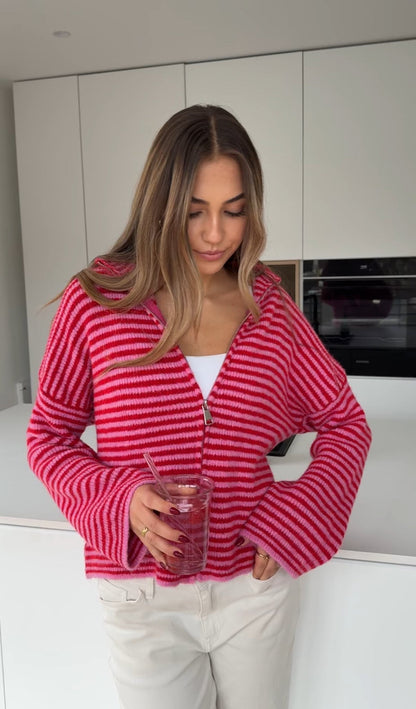 STRIPED ZIP KNIT CARDIGAN CHERRY