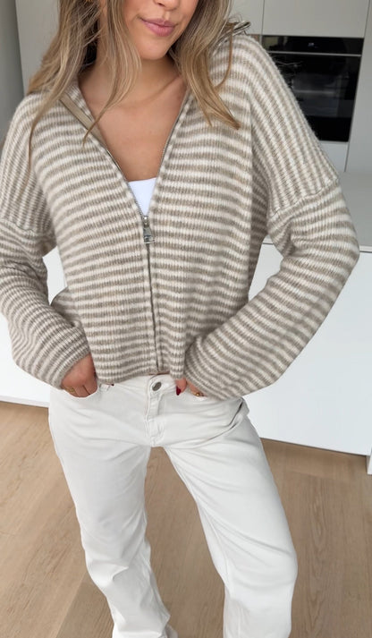 STRIPED ZIP KNIT CARDIGAN CREAM