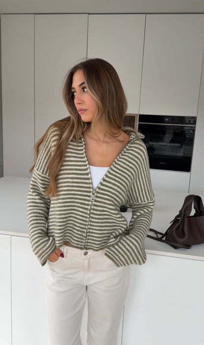 STRIPED ZIP KNIT CARDIGAN MATCHA
