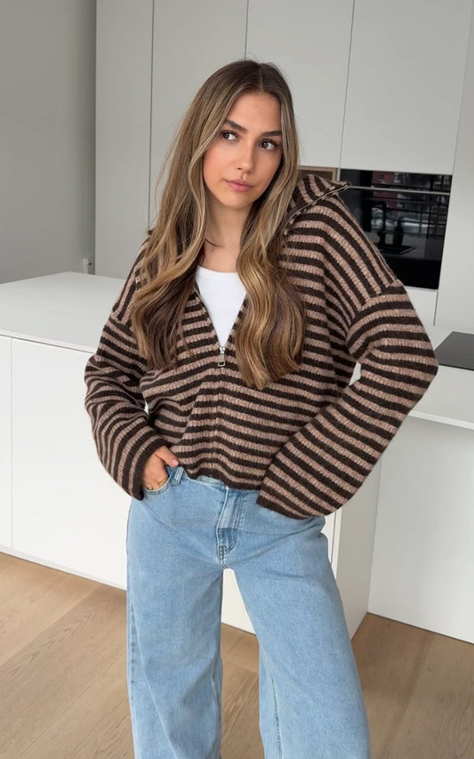 STRIPED ZIP KNIT CARDIGAN TOFFEE