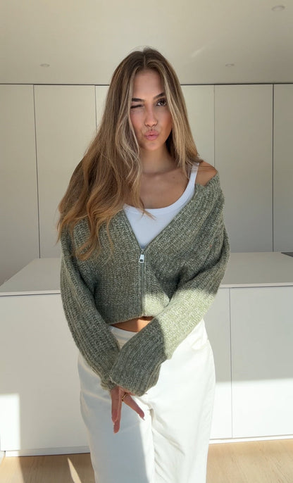 ZIP KNIT CARDIGAN SAGE