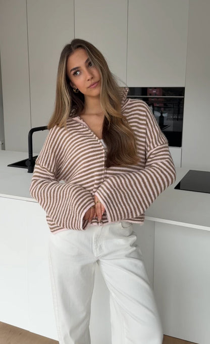 STRIPED ZIP KNIT CARDIGAN CREAMY ROSE