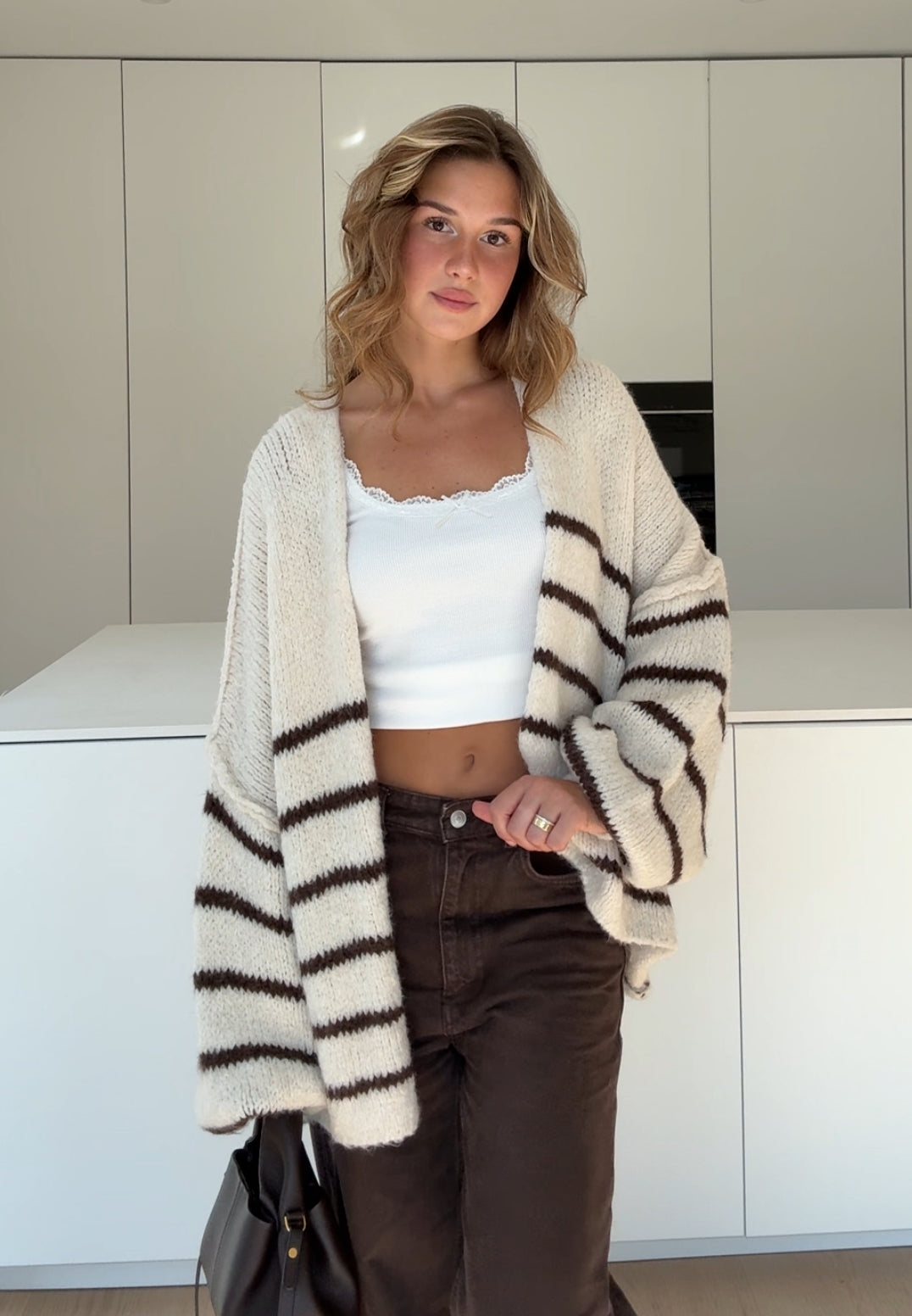 STRIPED CHUNKY CARDIGAN VANILLA CHOCOLATE